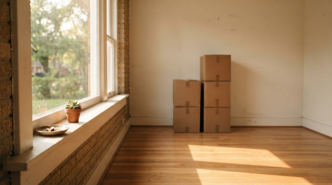 The last afternoon in an ordinary single-storey Houston brick house, the day it changed hands: a swept, cleared front room